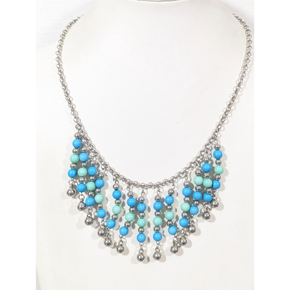 Boho‎ Blue Green Bead Fringe Bib Statement Necklace Western Silver Tone 20 in